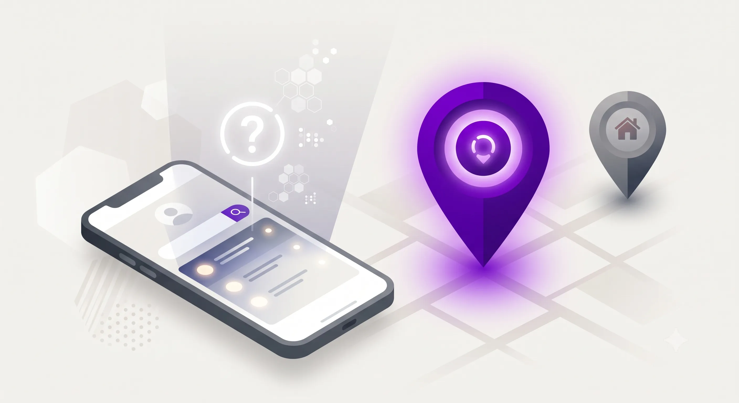 Isometric graphic of a smartphone showing a search results screen next to a glowing map pin, illustrating a homeowner's search for a local business