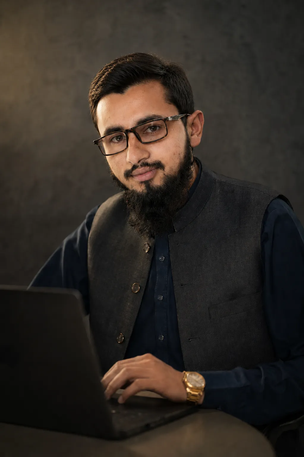Muhammad Umair working at his laptop