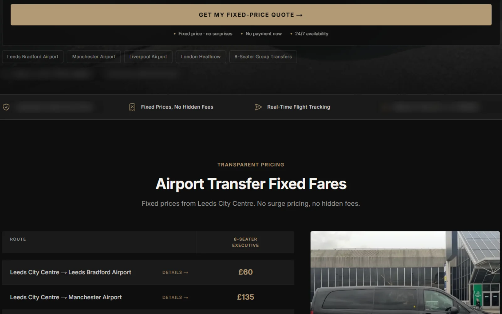 The rebuilt airport transfer site: trust bar, airport shortcuts and a fixed-fares pricing table